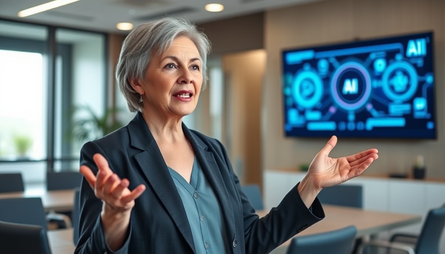 Professional older woman presenting AI concepts in a conference for Gen AI Adoption.