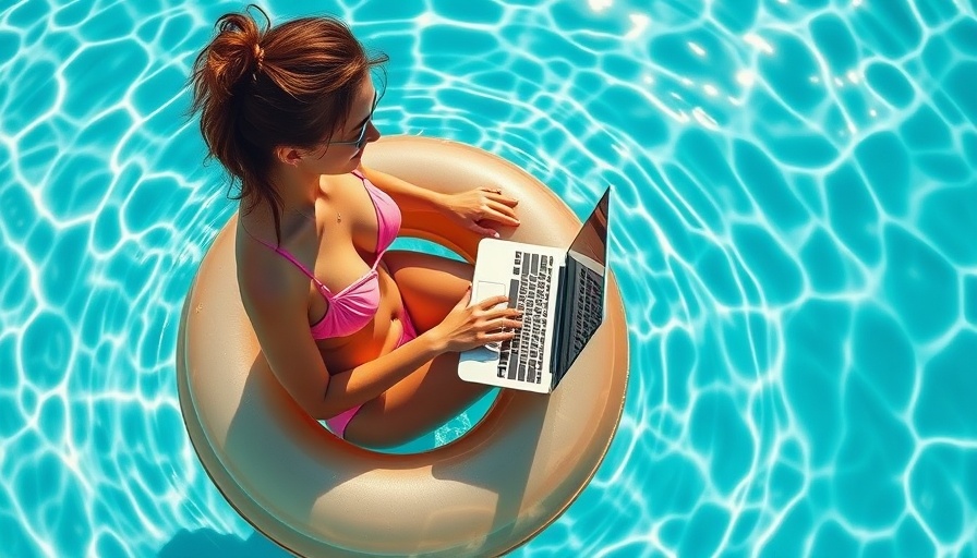 Woman on laptop in pool, AI-powered lifestyle.