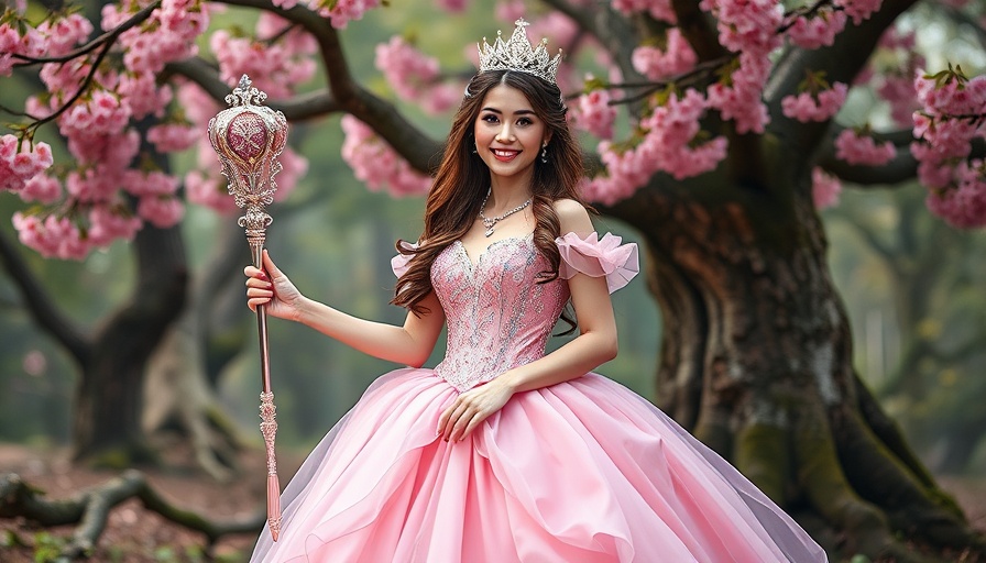 Enchanting princess in pink gown with magical scepter, whimsical forest.