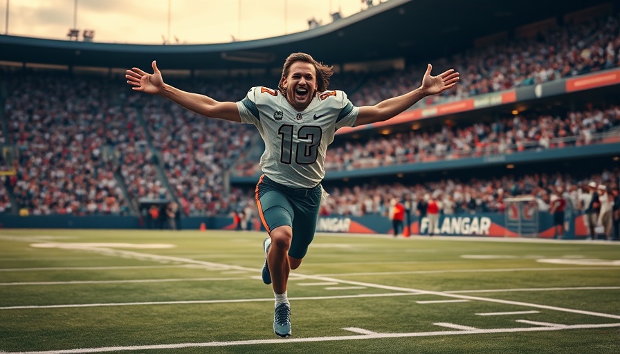 Football player celebrating in stadium on social media.