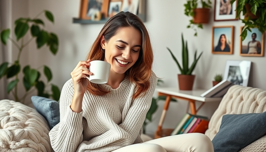 Woman enjoying coffee and book in cozy bedroom, portraying relaxation and contentment, concept of why trying less gets you more.