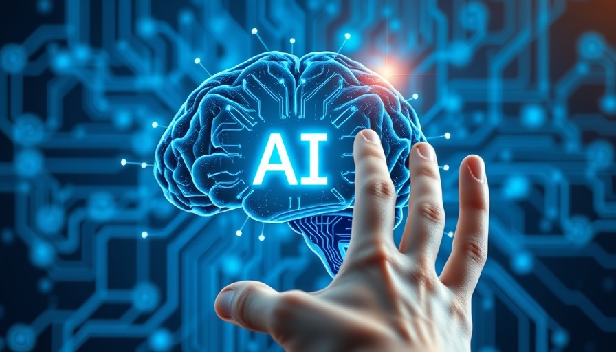 Futuristic AI code generation concept with hand and circuit brain.