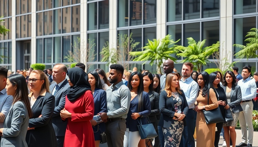 Professionals standing in line for skills-first hiring event outside modern building.