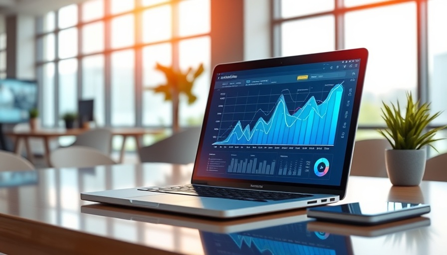 Automate Reputation Management Software Market: Laptop with growth charts in a tech-themed office.