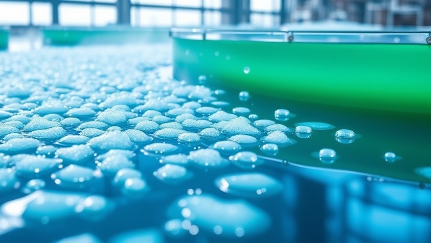 Modern water treatment facility featuring dissolved air flotation process with vibrant blue and green colors.