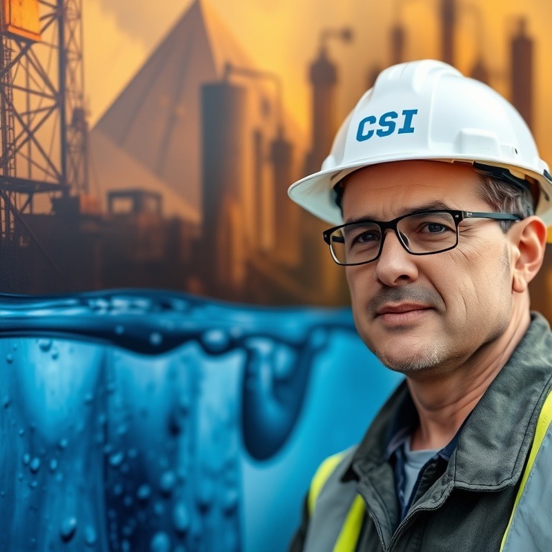 Man in hard hat with 'CSI' next to industrial waste water support system.