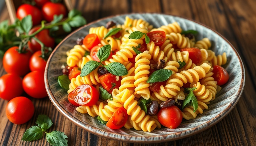 Healthy pasta salad with vegetables, served on a textured plate.