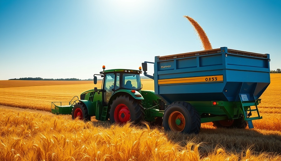 Tractor harvesting in a wheat field under blue sky, illustrating how whiskey saved farm.