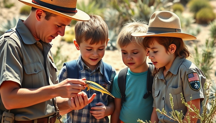 Children learning about nature with park ranger in desert setting.