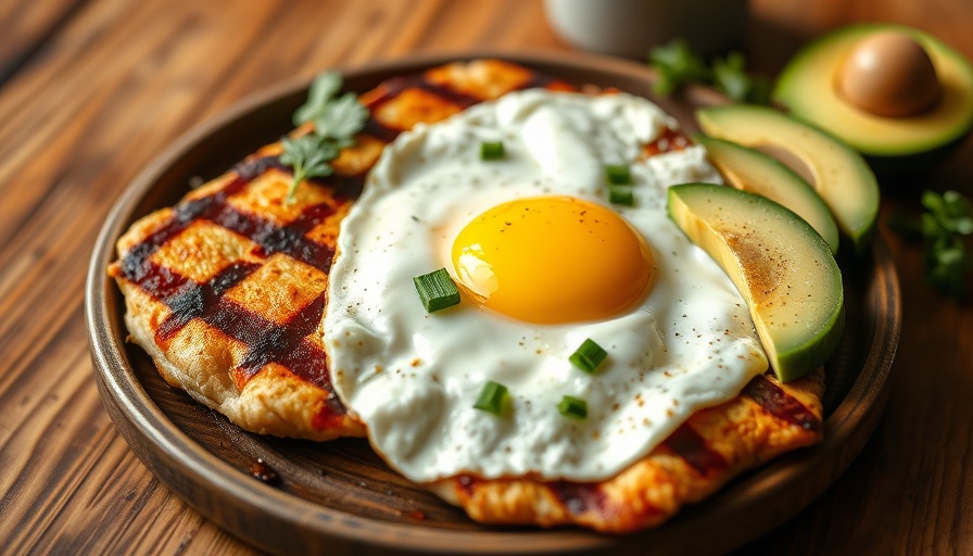 Healthy breakfast plate with chicken, eggs, peppers, and avocado.