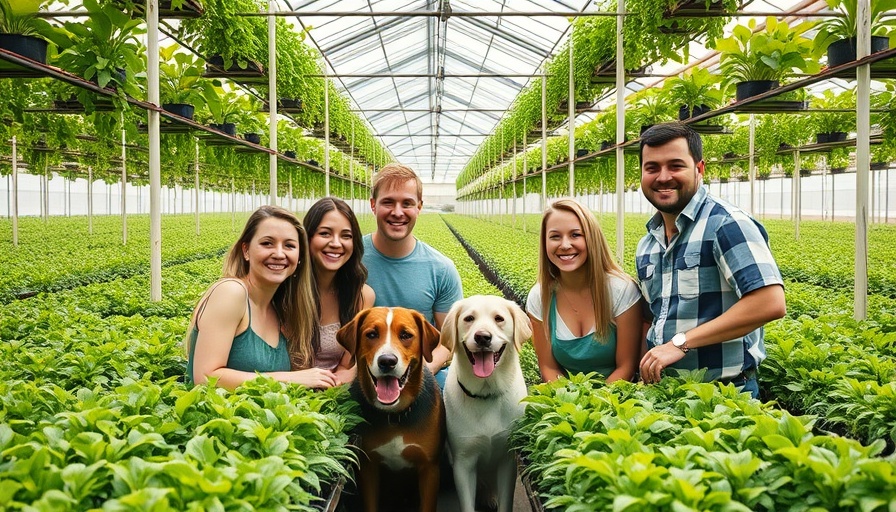 Diverse group in Denver greenhouse with dogs, showcasing gardening supply expansion.