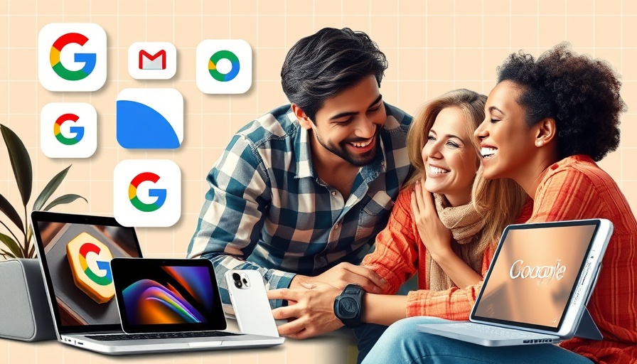 Colorful Google services collage with family and tech devices, highlighting Google One family cloud storage.