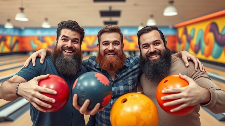Three men with bowling balls having fun in a retro Denver alley.
