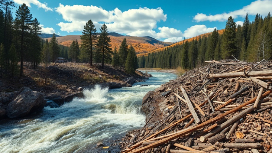 Vallecito flood recovery with debris and rushing river in a forest.