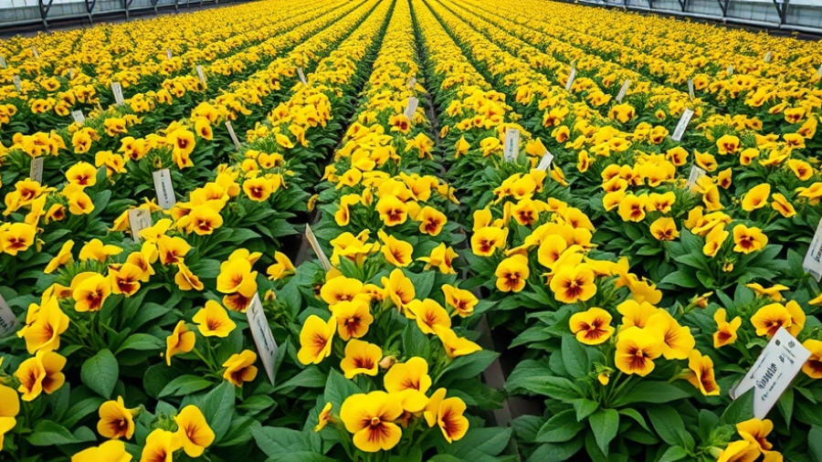 Yellow pansies in orderly rows at Blooma Farms acquisition of Welby Gardens.