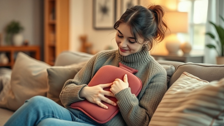 Woman using hot water bottle to relieve period cramps fast.