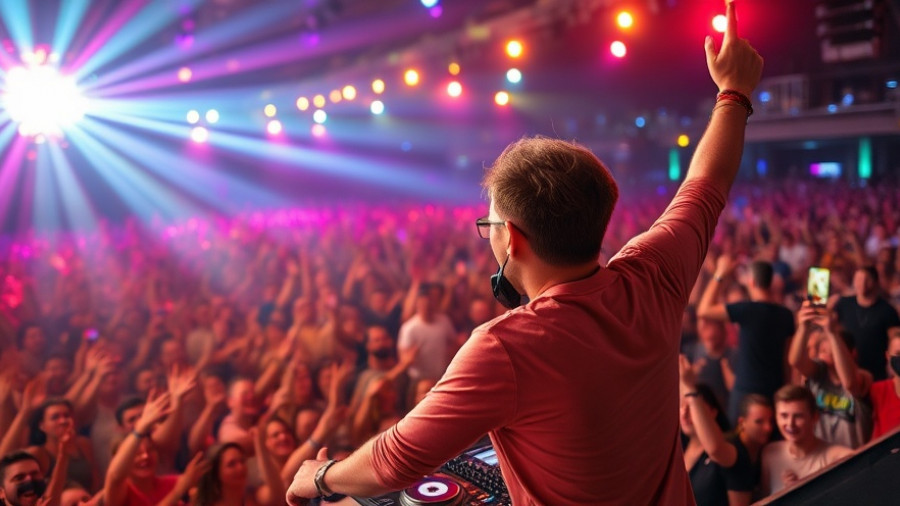 DJ at a Denver music festival, lively crowd and colorful lights.