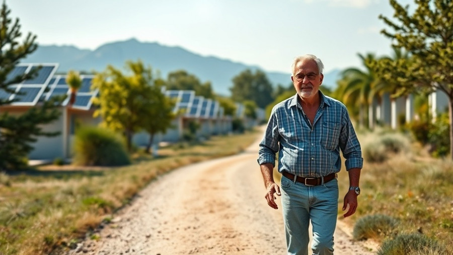 Man walking near solar-powered buildings in Colorado renewable energy park.