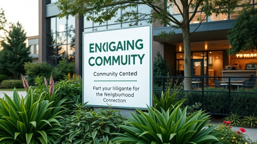 Community engagement sign at Denver center, promoting neighborhood reform.