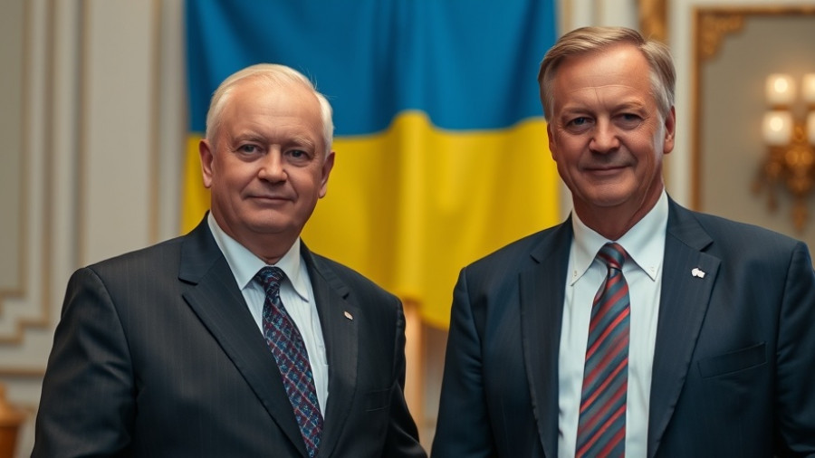 Distinguished men standing together with Ukrainian flag.