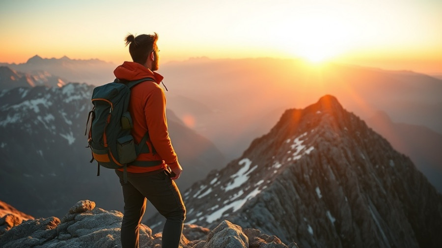 Colorado new 14er sunrise vista with mountaineer on summit, peaceful.