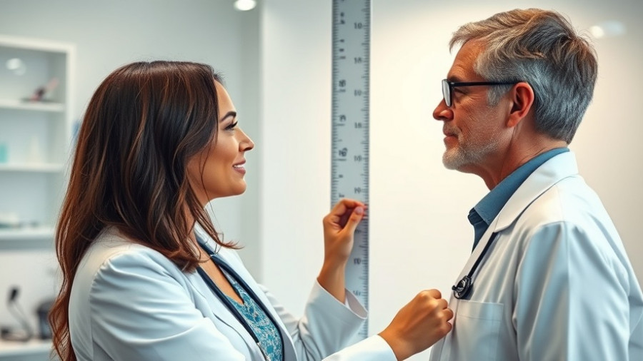 Doctor measuring height of woman, emphasizing 'shorter people live longer' concept.
