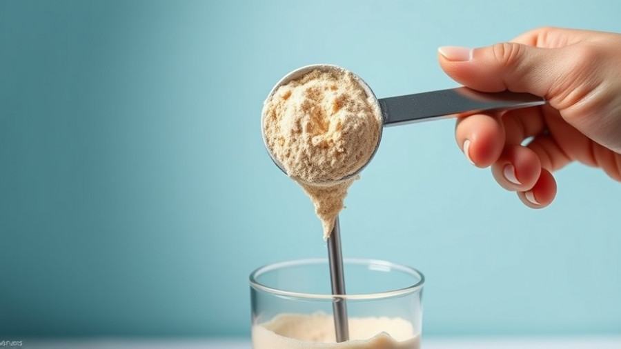 Protein powder scoop and glass with straw, lead in protein powder focus.