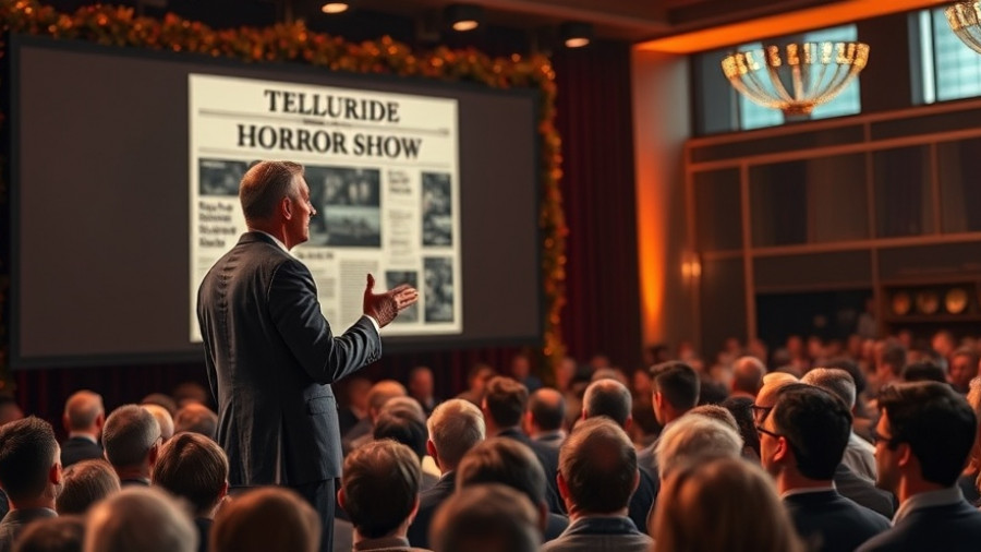 Speaker presenting at Telluride Horror Show 2025 with news on screen.