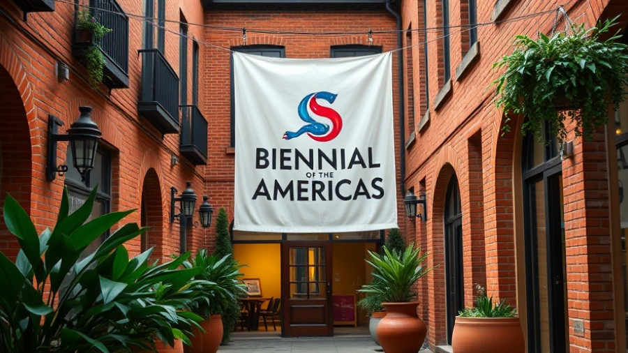 Biennial of the Americas in Denver courtyard banner and lights.