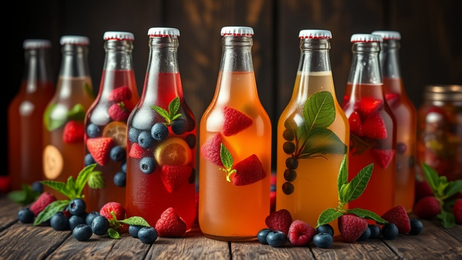 Assorted kombucha bottles and jars on a rustic table with fruits.
