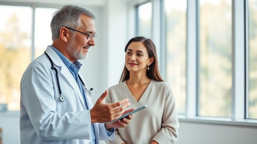 Doctor discussing stomach cancer treatment with patient in clinic.