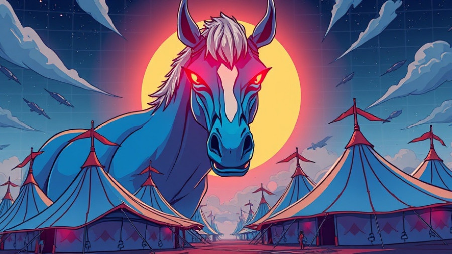 Blucifer Denver artwork showing blue horse with glowing eyes over airport tents.