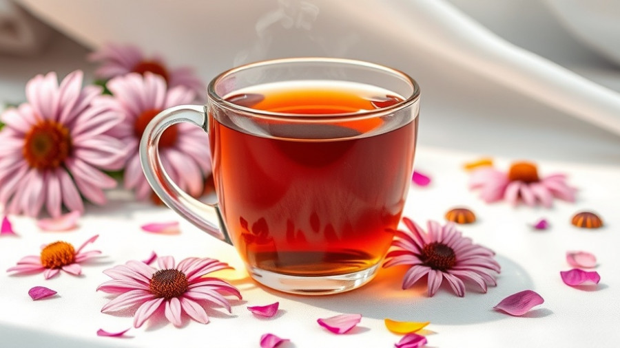 Echinacea tea benefits with flowers on white background.