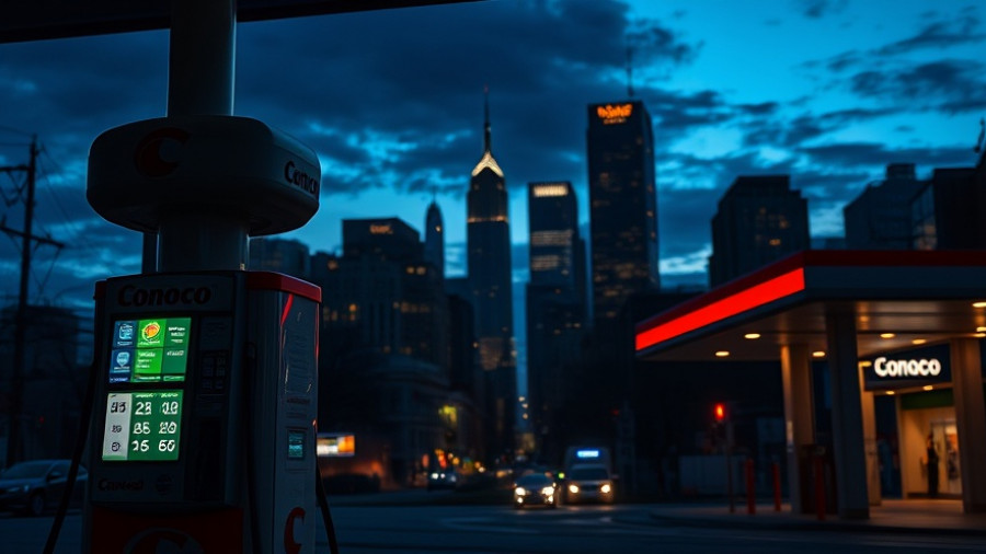 LoHi gas station at twilight with city skyline in background.