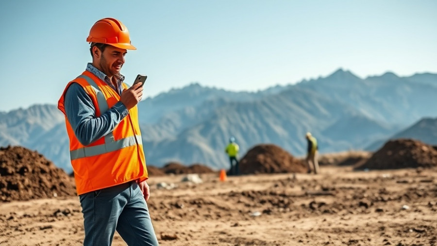 Construction worker checks phone at Denver construction site, clear sky.