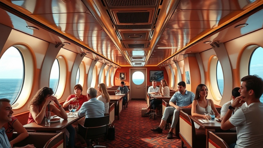 Pan Am-themed cruise 2027 retro-futuristic ship interior.