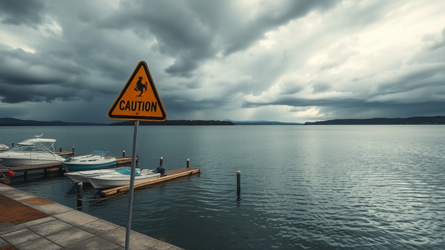 Warning sign about boat inspections near docked boats, cloudy sky.
