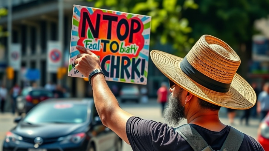 Protester on street holding sign during daylight.