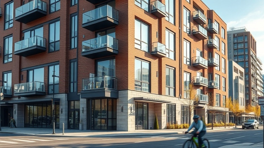 Modern city building with cyclist, showcasing Denver rent concessions.