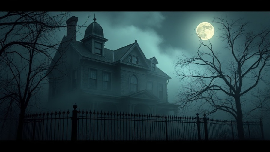 Haunted house real estate: Spooky Victorian mansion at night with fog.