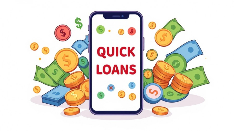 Digital banking concept for quick loans with smartphone and icons.