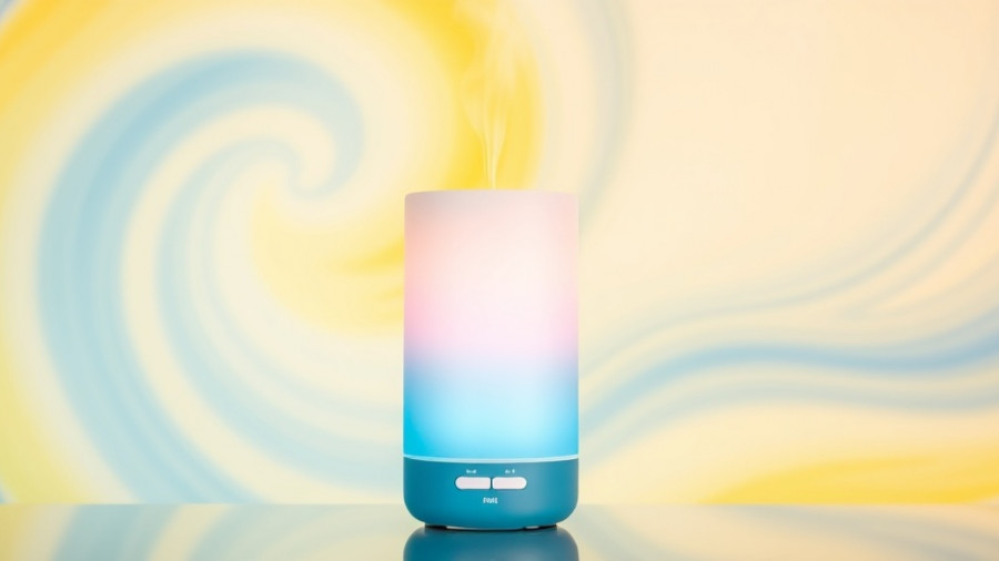 Sleek cylindrical essential oil diffuser against swirling background.