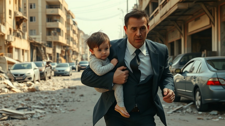Man carrying child through debris, Trump-Putin summit delay context.
