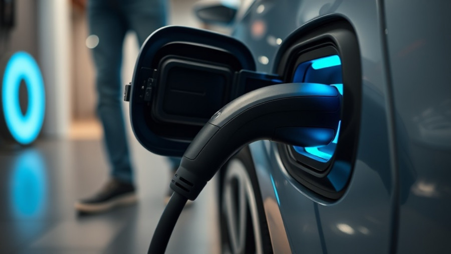 Electric car charging with blue light at station.