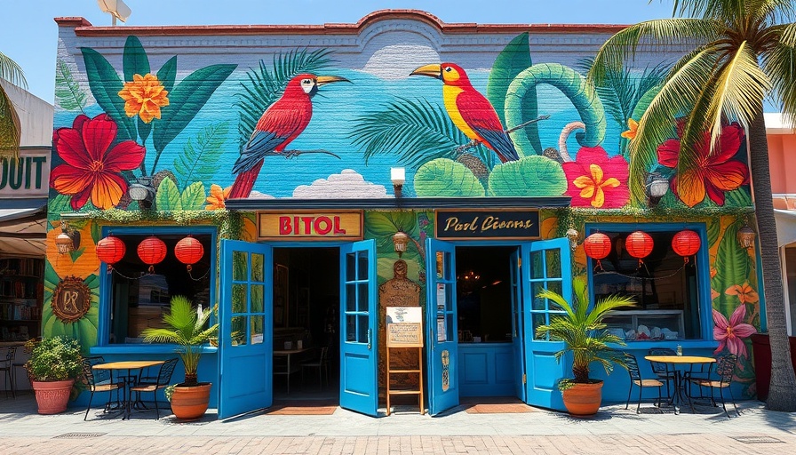 Bang Up to the Elephant real estate: colorful mural building with seating