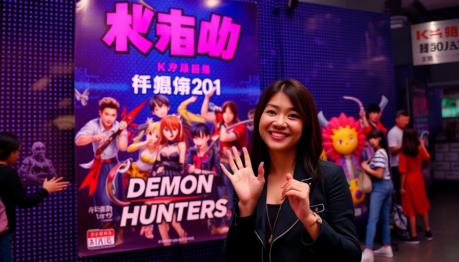 KPop Demon Hunters event with vibrant animated poster and woman smiling.