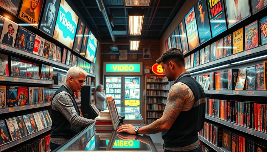 Vibrant retro video store in Denver with enthusiastic clerk offering assistance.