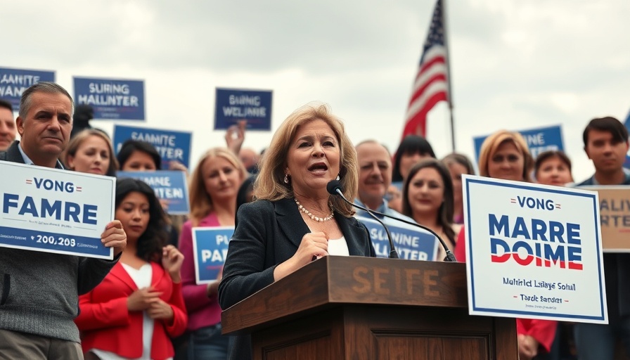 Woman speaks at Denver local news event surrounded by supporters holding signs.