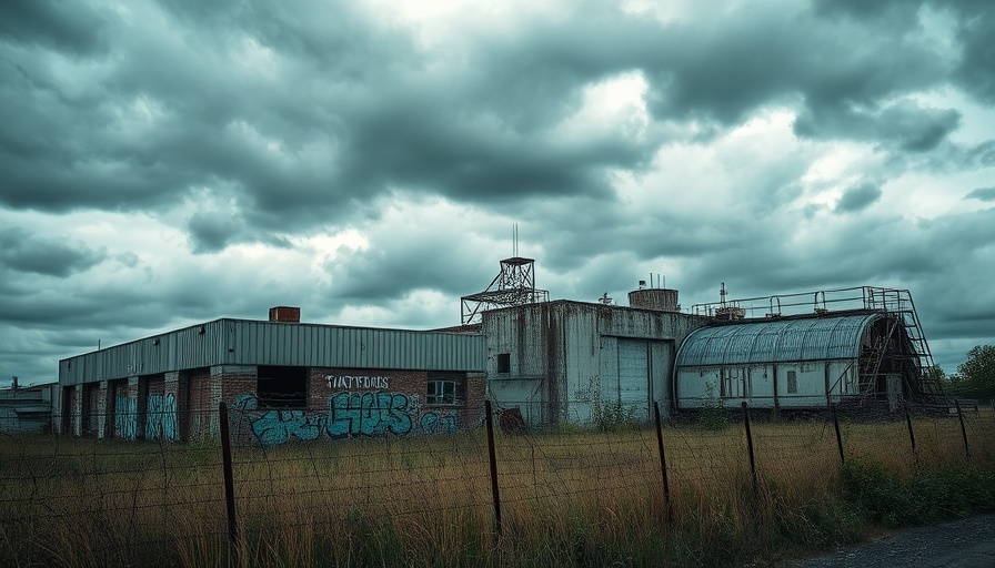 Abandoned industrial building in Denver with graffiti and barbed wire.