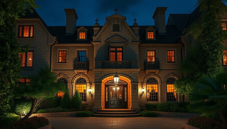 $10 million mansion with elegant stone facade at twilight.